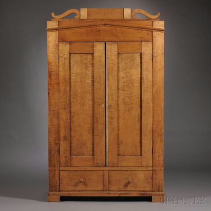 Classical Tiger Maple Wardrobe Cabinet with Two Paneled Doors