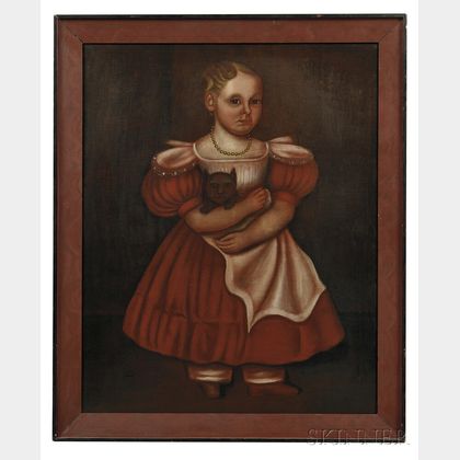 American School, Early 19th Century Portrait of a Girl in a Red Dress and Gold Bead Necklace Holding Her Cat.