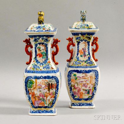 Pair of Famille Rose Porcelain Covered Urns