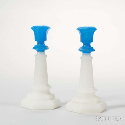 Pair of Hexagonal Pressed Glass Candlesticks with Shallow Sockets