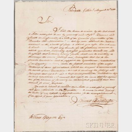 Huntington, Samuel H. (1765-1817) Letter Signed, 12 August 1810.