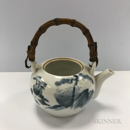 Blue and White Teapot with Bamboo Handle