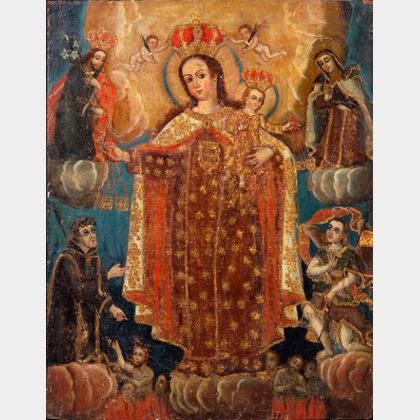 Spanish Colonial School, 19th Century Virgin and Child with Saints Interceding for Souls in Purgatory