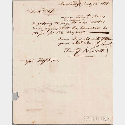 Newell, Timothy (1742-1819) Autograph Document Signed, Sturbridge, 23 July 1788.