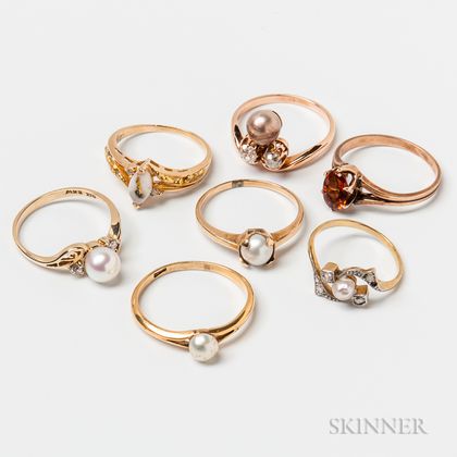 Six Gold and Cultured Pearl Rings