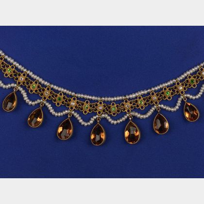 Edwardian 18kt Gold, Citrine, Pearl and Gem-set Fringe Necklace