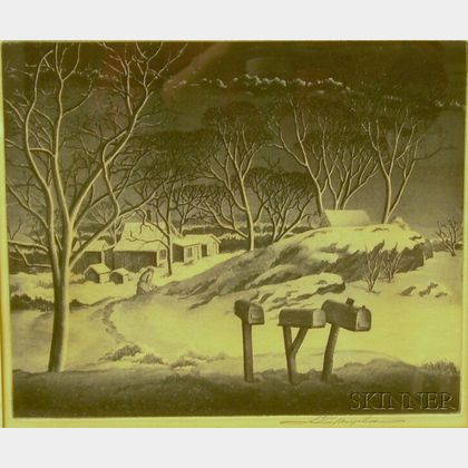 Framed Samuel Margolies Etching Depicting Rural Homes in Snow