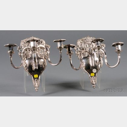 Pair of Baroque-style Silver Plated Three Light Sconces
