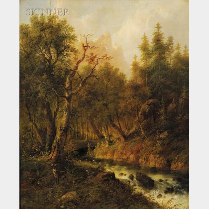 Eduard Boehm (German/American, 1830-1890) Deer by a Woodland Stream