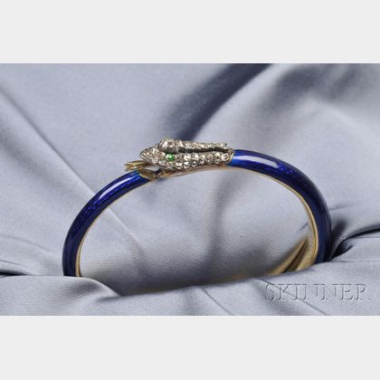 Antique 18kt Gold, Enamel, and Diamond Snake Bangle Bracelet