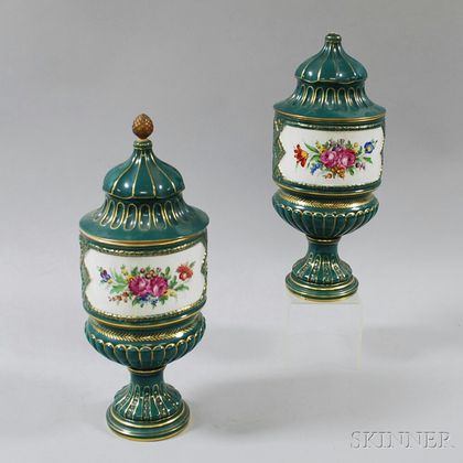 Pair of German Dresden-type Hand-painted Floral-decorated Porcelain Urns with Covers