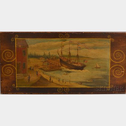 Oil on Wood Panel Depiction of a Ship Launch