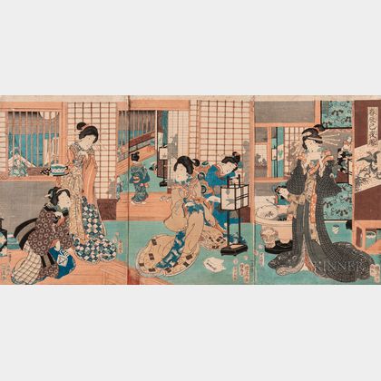 Utagawa Kunihiko (fl. 1850-1860) Triptych Woodblock Print