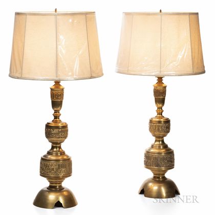 Pair of James Mont-style Hollywood Regency Brass Table Lamps