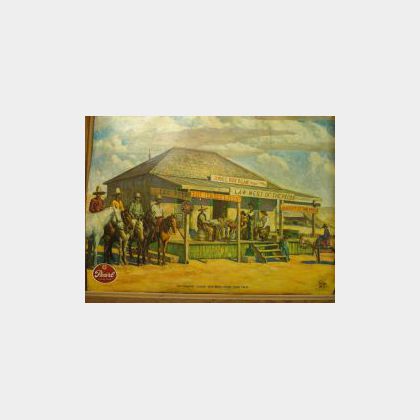 Framed Pearl Lager Beer &#34;The Famous Judge Roy Bean Horse Thief Trial&#34; Color Lithograph Retail Advertising Display