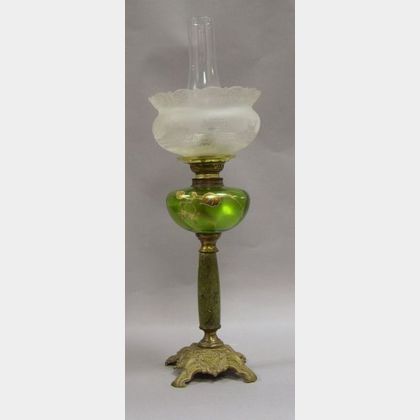 Late Victorian Enameled Green Glass and Faux Marble Kerosene Lamp