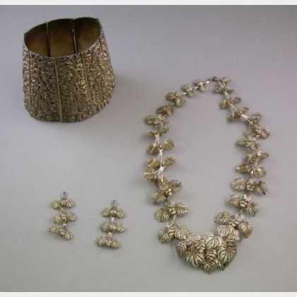 Silver Filigree Necklace and Earring Jackets and a Chinese Silver Paneled Cuff Bracelet. 