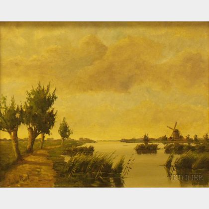 Framed Oil on Canvas River View with Distant Windmill