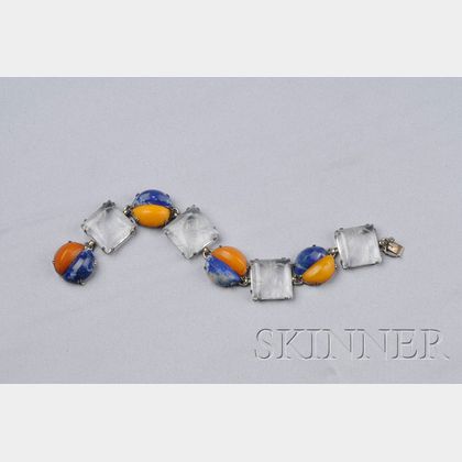 Art Deco Sterling Silver, Carved Rock Crystal, Sodalite, and Amber-type Bracelet Germany