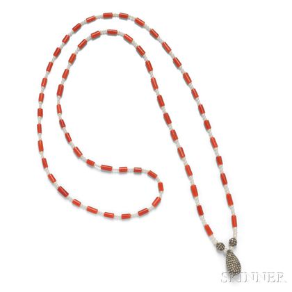 Coral, Pearl, and Diamond Necklace