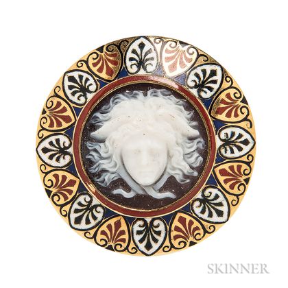 Antique Gold, Hardstone Cameo, and Enamel Brooch