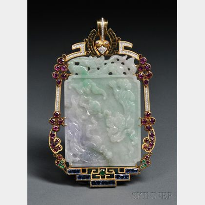 Large Jadeite Pendant with Precious Stones