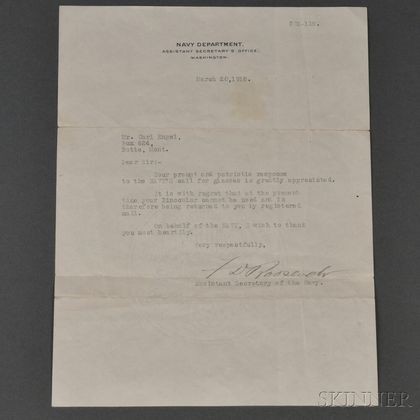 Roosevelt, Franklin Delano (1882-1945) Typed Letter Signed, 20 March 1918.