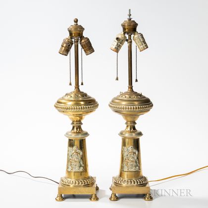Pair of Brass Oil Lamps: "American Progress" and "Manifest Destiny,"