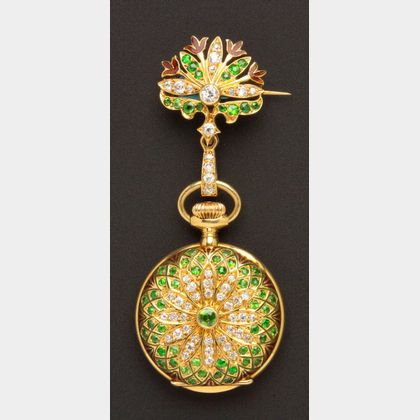Edwardian Lady's 18kt Gold, Demantoid Garnet, Enamel, and Diamond Pendant Watch, Tiffany & Co.