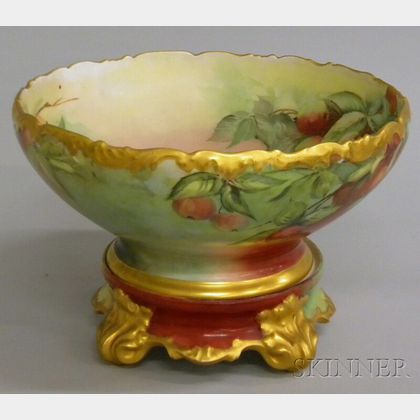 T. & V. Limoges Gilt and Hand-painted Cherries-decorated Porcelain Punch Bowl on Stand