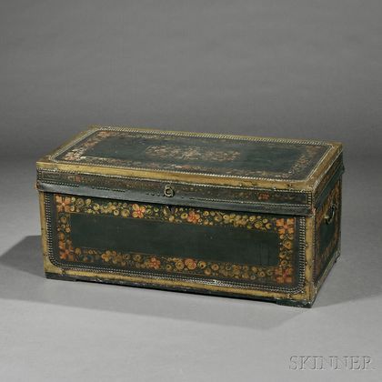 Chinese Export Brass-bound Leather and Camphorwood Trunk