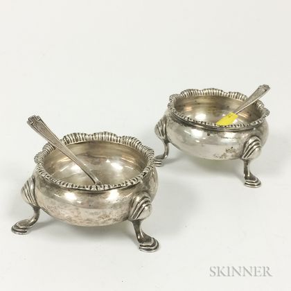 Pair of Georgian Sterling Silver Salts and Pair of Gorham Salt Spoons