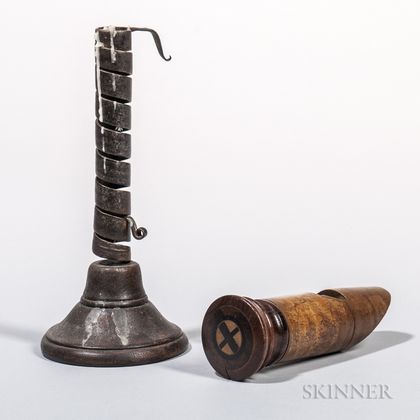 Wrought Iron and Wood Candlestick and Turned Wood Whistle