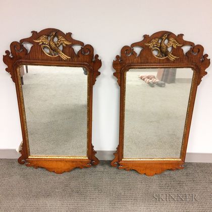Pair of Tiger Maple and Parcel Gilt Chippendale-style Mirrors