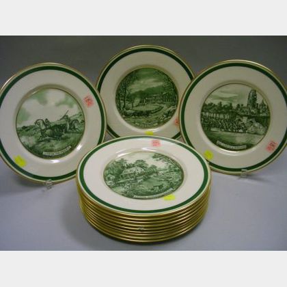 Set of Twelve Lenox Gilt and Green Currier & Ives Print Transfer Decorated Porcelain Dinner Plates