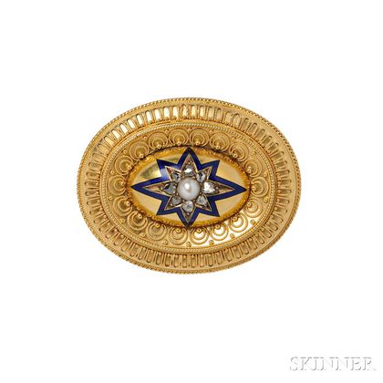 Gold, Pearl, and Diamond, and Enamel Brooch