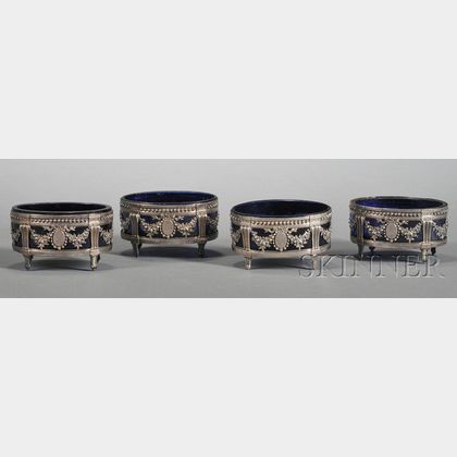 Set of Four Louis XVI Silver and Cobalt Glass-lined Open Salts