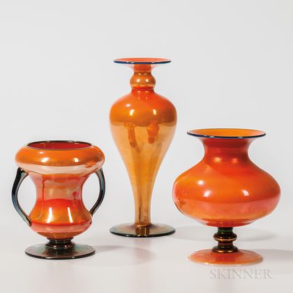 Three Imperial Art Glass Orange Luster Vases