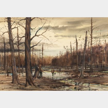 Milton C. Weiler (American, 1910-1974) Three Duck Hunters with Dogs in a Swamp