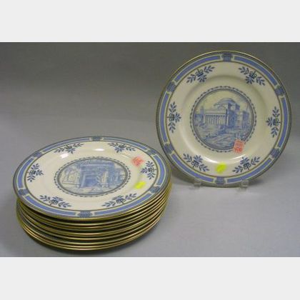 Set of Thirty-five Wedgwood Gilt and Light Blue Columbia University Transfer Decorated Porcelain Dinner Plates. 