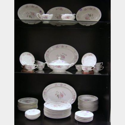 Seventy-five Piece Warwick Pink Rose Transfer Decorated Porcelain Partial Dinner Service. 