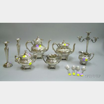 Five-Piece Crown Tea/Coffee Set with Four Coin Silver Spoons and Candlesticks