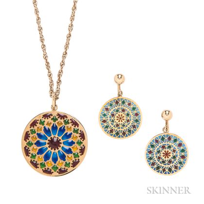 18kt Gold and Plique-a-jour Enamel Pendant and Earrings