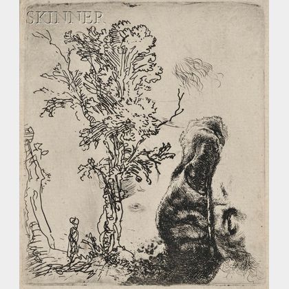 Rembrandt van Rijn (Dutch, 1606-1669) Sheet with Two Studies: A Tree, and the Upper Part of a Head of the Artist Wearing a Velvet Ca...