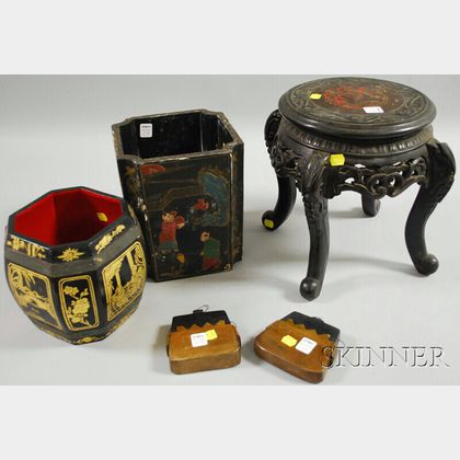 Japanese Carved Wood Stand and Four Asian Containers