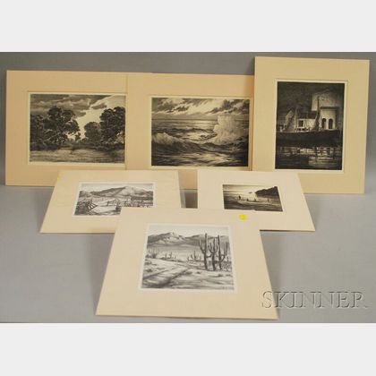 Alfred Russel Fuller (American, 1899-1980) Six Lithographs: Two Western Views, a Landscape, and Three Water Views