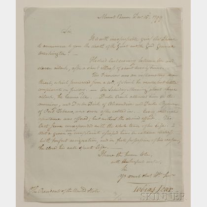 Washington, George (1732-1799) Letter to President John Adams (1735-1826),Signed by Tobias Lear (1726-1816),An Account of the First P