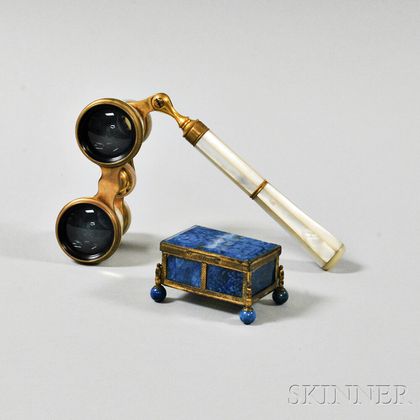 Brass-bound Blue Agate Box and a Pair of Mother-of-pearl Opera Glasses