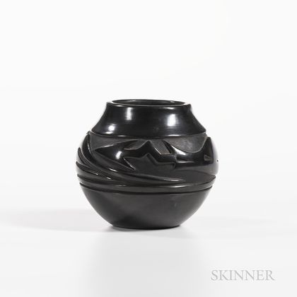 Contemporary Carved Blackware Pottery Jar