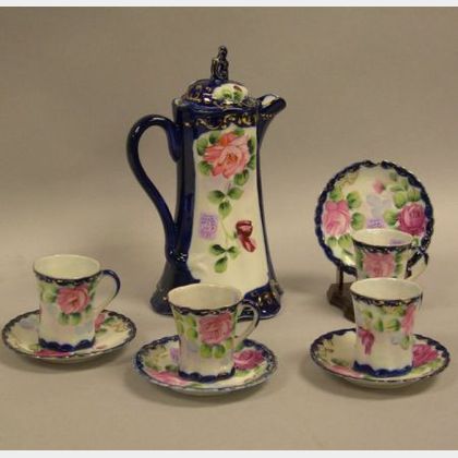 Nine-Piece Handpainted Rose and Cobalt Decorated Porcelain Chocolate Set. 